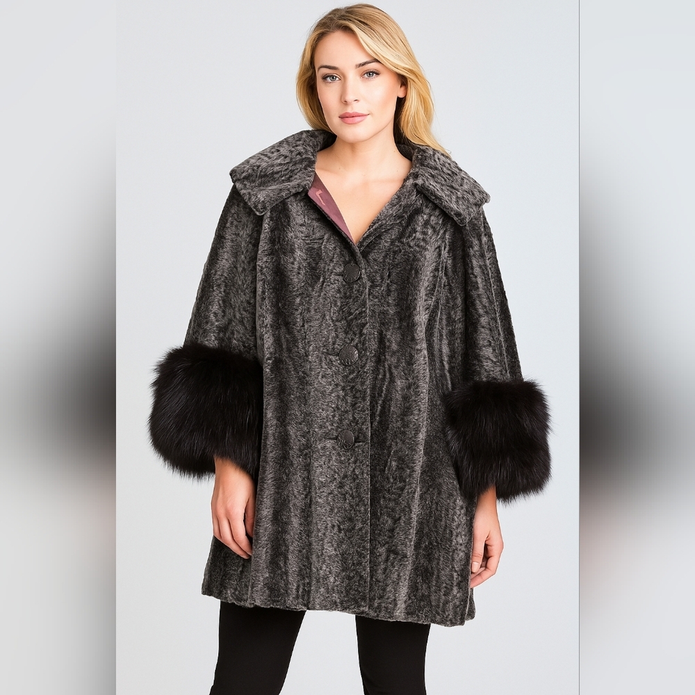 ​Vintage 50s 60s La France Faux Fur Swing Coat Jacket Black Cuffs Canada M